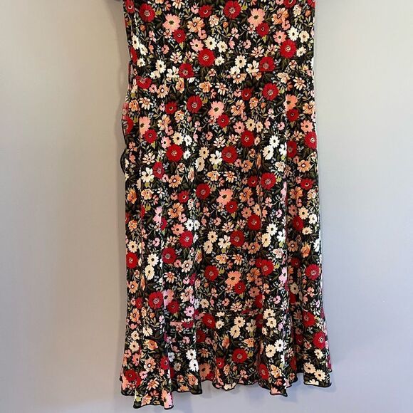 VTG By Design Red/Pink/Black Floral Puff Sleeve Surplice Faux Wrap Midi Dress, M - Picture 13 of 13